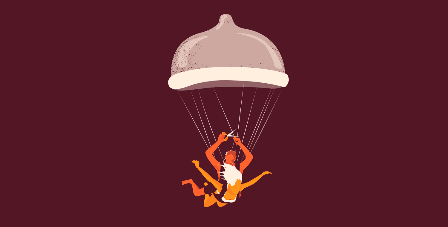 Illustration de deux partenaires sautant en parachute. Le parachute est en forme de condom. Un partenaire tient un ciseau pour couper les cordes tenant le parachute.